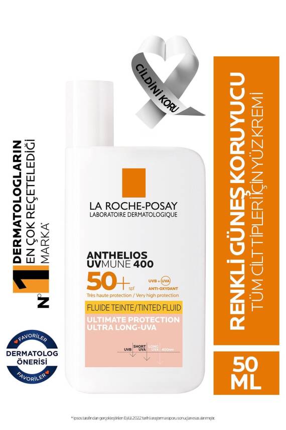 La Roche Posay Anthelios UVmune400 Invisible Fluid Tüm Cilt Tipleri İçin Renkli SPF50+ Yüz Güneş Kremi 50 ml - 1
