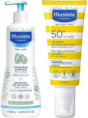Mustela Tüm Aile İçin Spf 50+ Güneş Losyonu 200 ml + Mustela Yenidoğan Saç ve Vücut Şampuanı 500 ml - Mustela