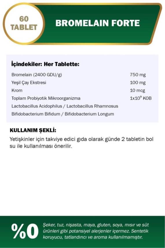 Nutraxin Bromelain Forte 750 mg 60 Tablet Krom Yeşilçay Probiyotik - 3