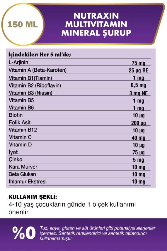 Nutraxin Kids Multivitamin Mineral Şurup 150 Ml - L-Arjinin, Beta-Karoten, Beta Glukan, Kara Mürver - Çocuk - 3