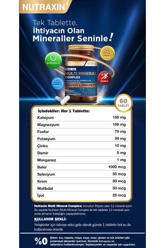 Nutraxin Multi Mineral Complex 60 Tablet Magnezyum, Kalsiyum, Çinko, Demir, İyot, Krom - 2