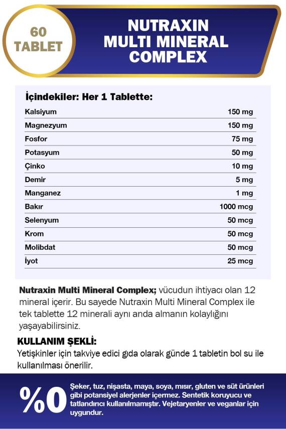 Nutraxin Multi Mineral Complex 60 Tablet Magnezyum, Kalsiyum, Çinko, Demir, İyot, Krom - 3