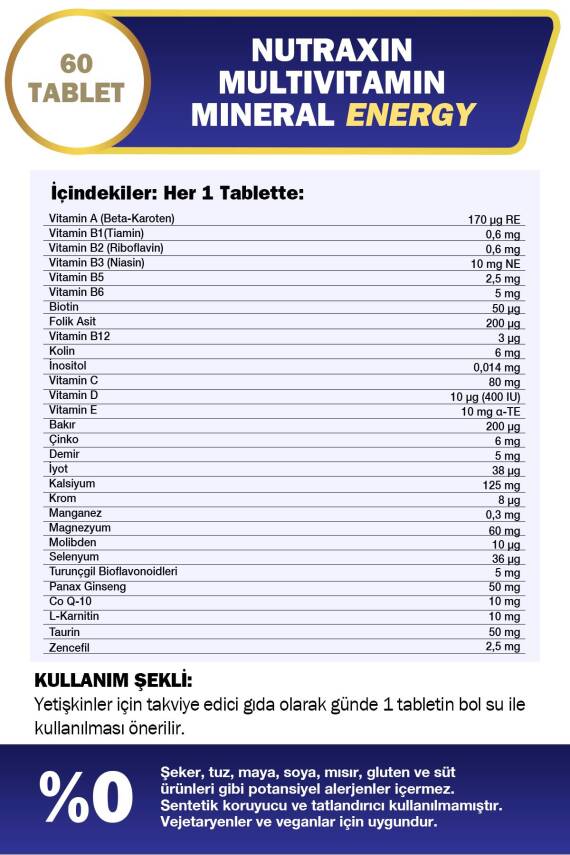 Nutraxin Multivitamin Mineral Energy Complex 60 Tbl - Magnezyum, Taurin, Kolin, Panax Ginseng, Q10 - 2