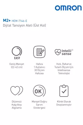Omron M2+ HEM-7146-E Hafızalı Geniş Manşetli Üst Koldan Ölçer Dijital Tansiyon Aleti - 4