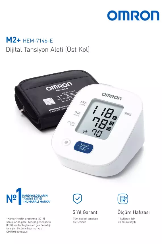Omron M2+ HEM-7146-E Hafızalı Geniş Manşetli Üst Koldan Ölçer Dijital Tansiyon Aleti - 2
