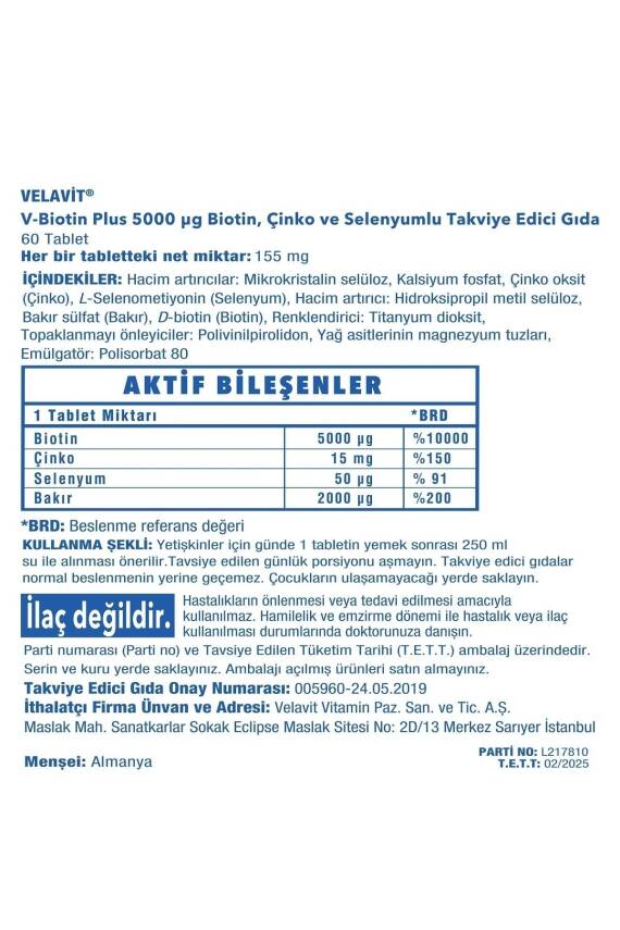 Velavit V-biotin Plus 5000mcg Takviye Edici Gıda 60 Tablet - 2