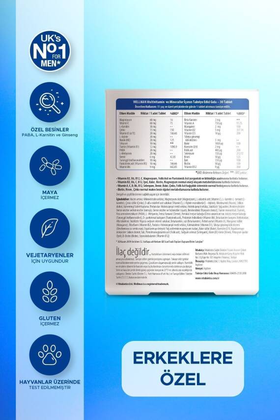 Wellman Sibirya Ginsengi, Magnezyum, Biotin, Çinko, L-Karnitin İçeren Erkek Sağlığı Vitamini 30 Tablet - 2