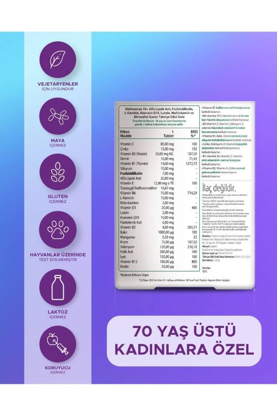 Wellwoman Demir, Biotin,Çinko,B Complex, D Vitamini İçeren 70 Yaş Üzeri Kadın Sağlığı Vitamini 30 Tablet - 2